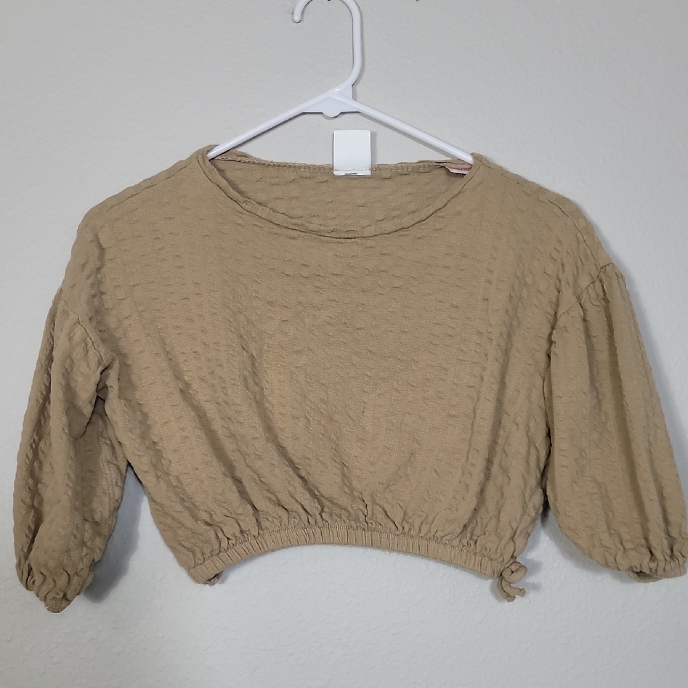 Zara Girls Textured Crop Top Size 3/4 Tan Puff Sleeve Elastic Boxy